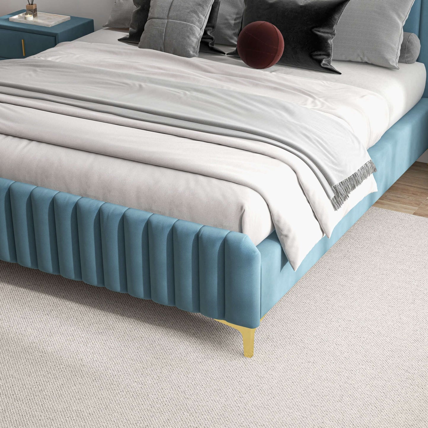 Bethany Sea Blue Velvet Upholstered Queen Platform Bed