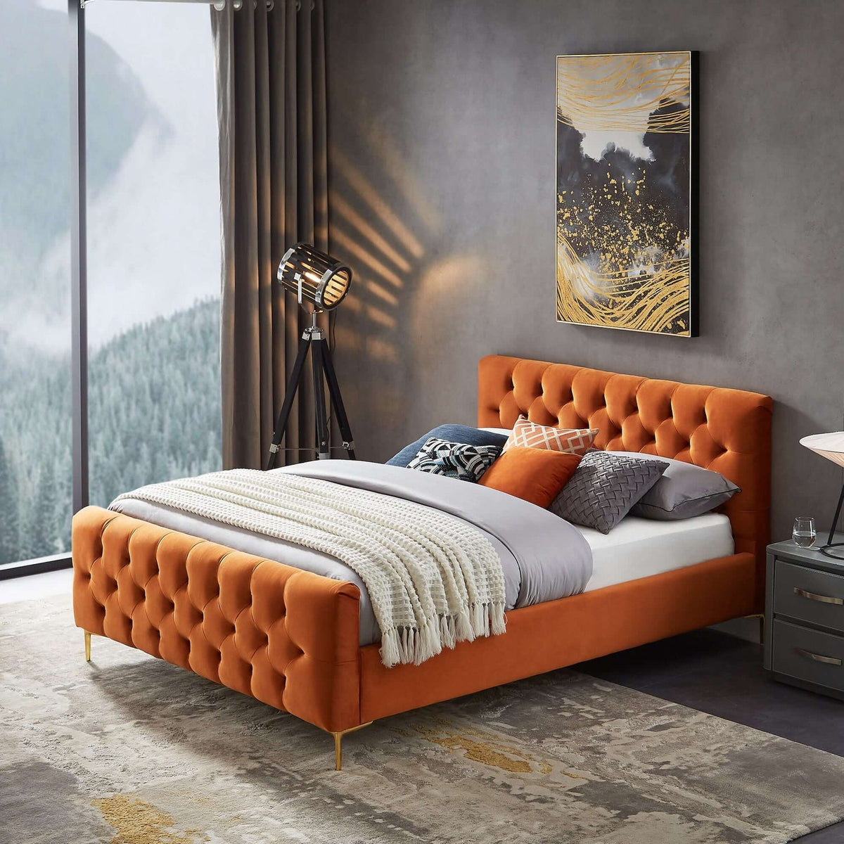 Bailey Orange Velvet Upholstered Queen Platform Bed Harwin Furniture