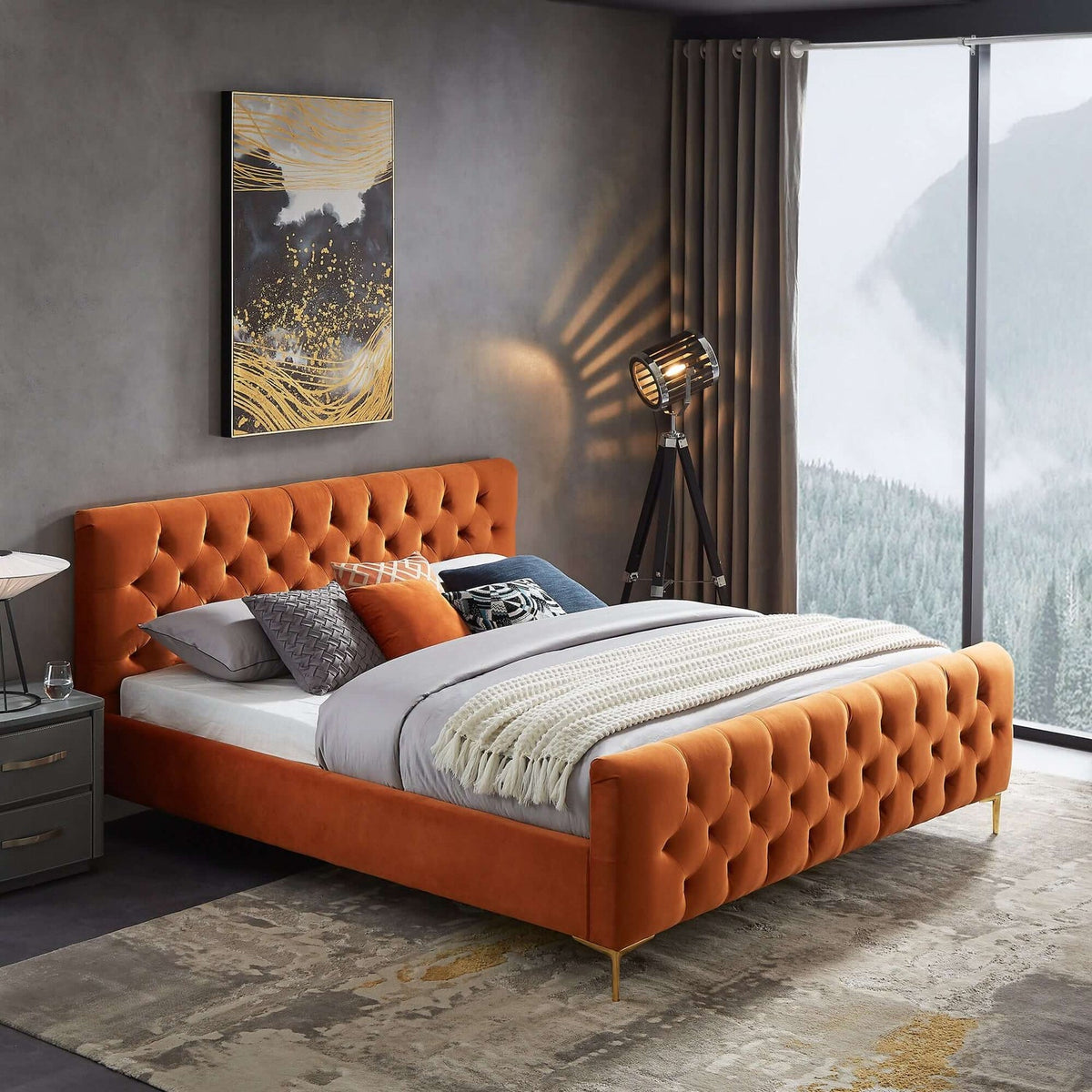 Bailey Orange Velvet Upholstered King Platform Bed Harwin Furniture