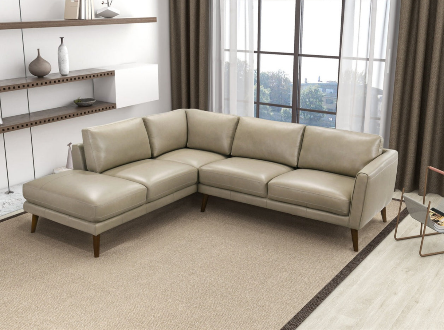 Benson 98" Beige Leather Sectional Sofa Left Facing Chaise