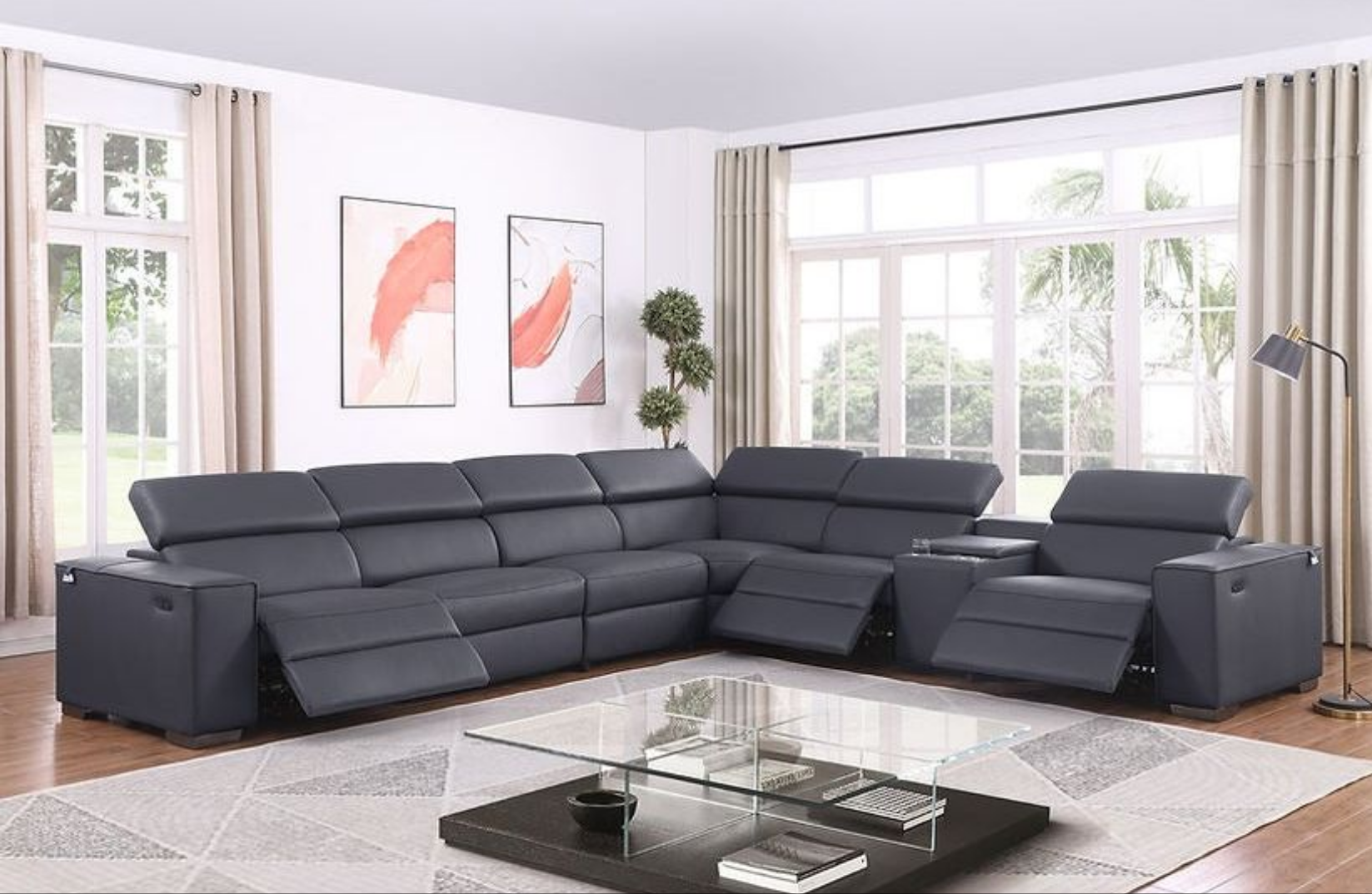 Picasso Dark Grey 3-POWER Italian Leather Match 7pc Sectional