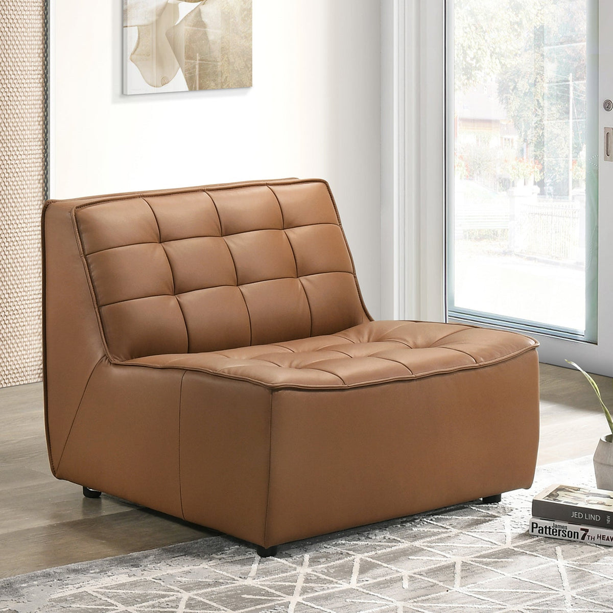 London MidCentury Modern Brown Genuine Leather Corner Modular Sofa