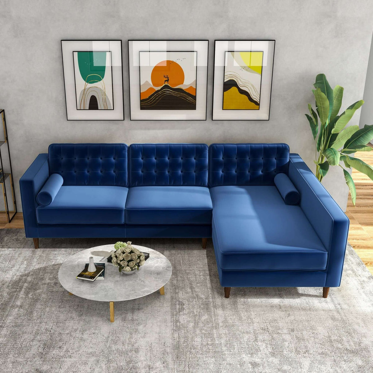 Christian MidCentury Modern Navy Velvet Sectional Harwin Furniture