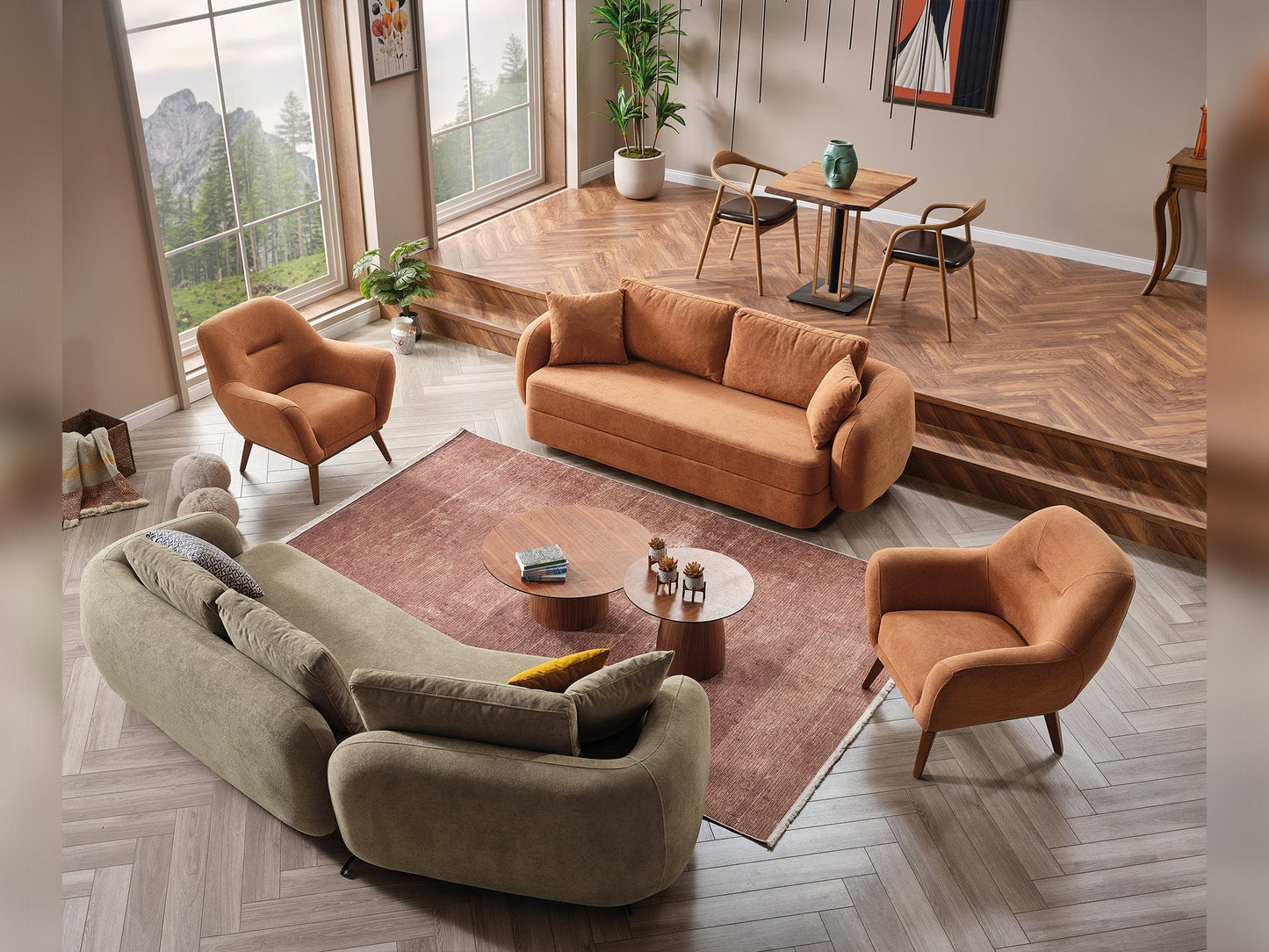 Toscana 4-pieces (4 Seater Sofa & 3 Seater Sofa & 2 Chair) Livingroom Set Orange - Green