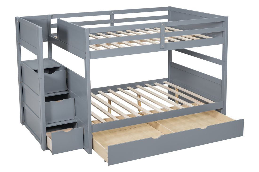 BB53 FULL/FULL Gray Bunk Bed w/Twin Trundle + Staircase Storage