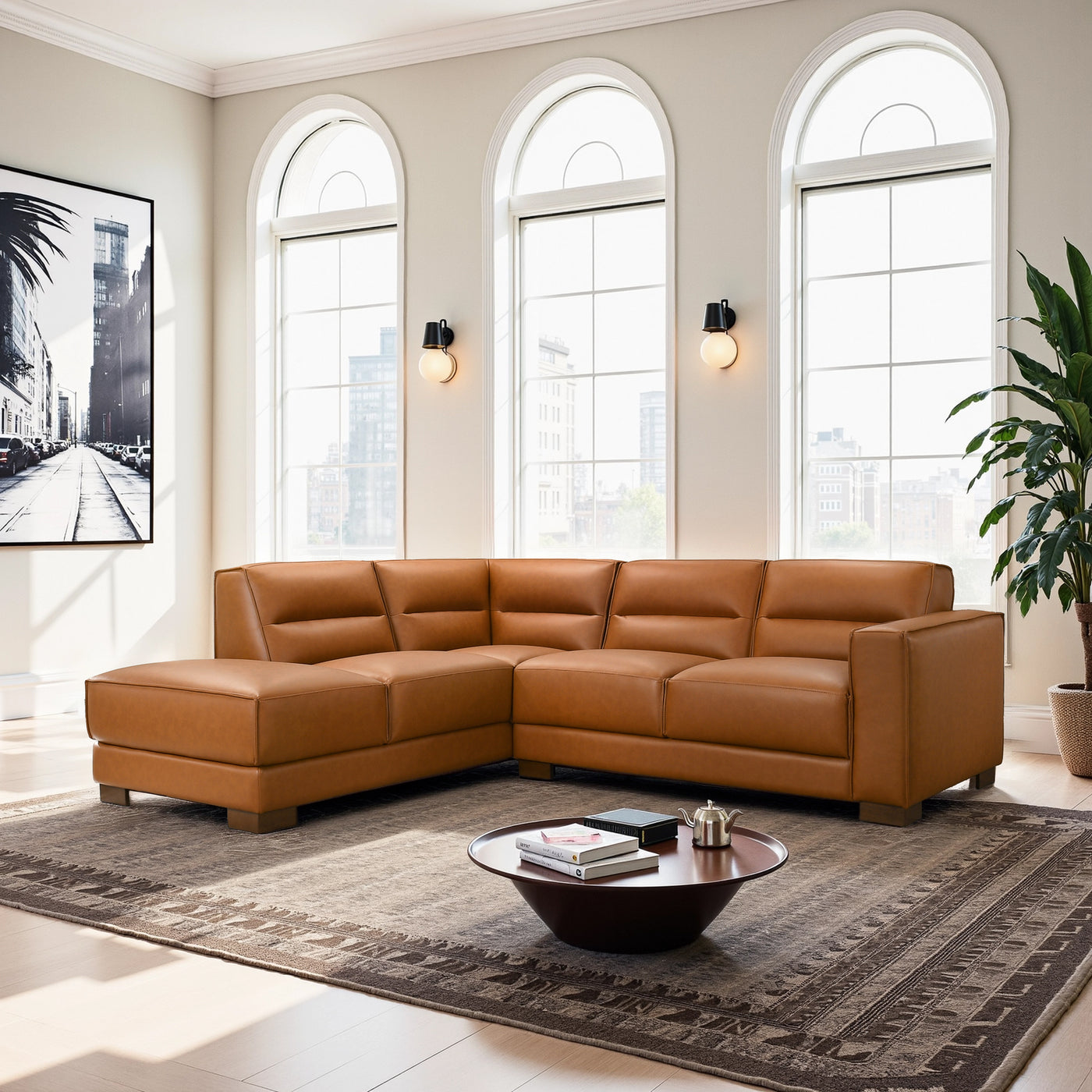 Muncie L-Shaped Sofa with Plush Cushions Walnut Wood Legs