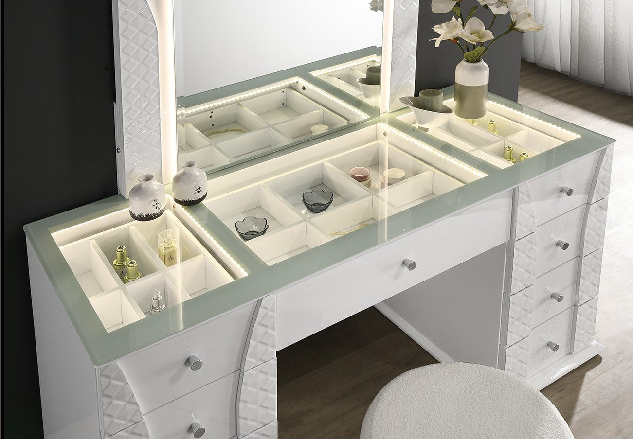 Ivette White LED Vanity Set with Stool