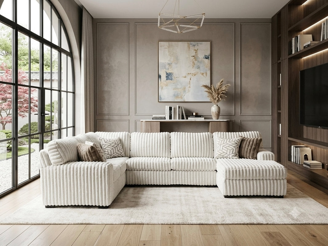 Cream Corduroy Fabric Sectional 9800