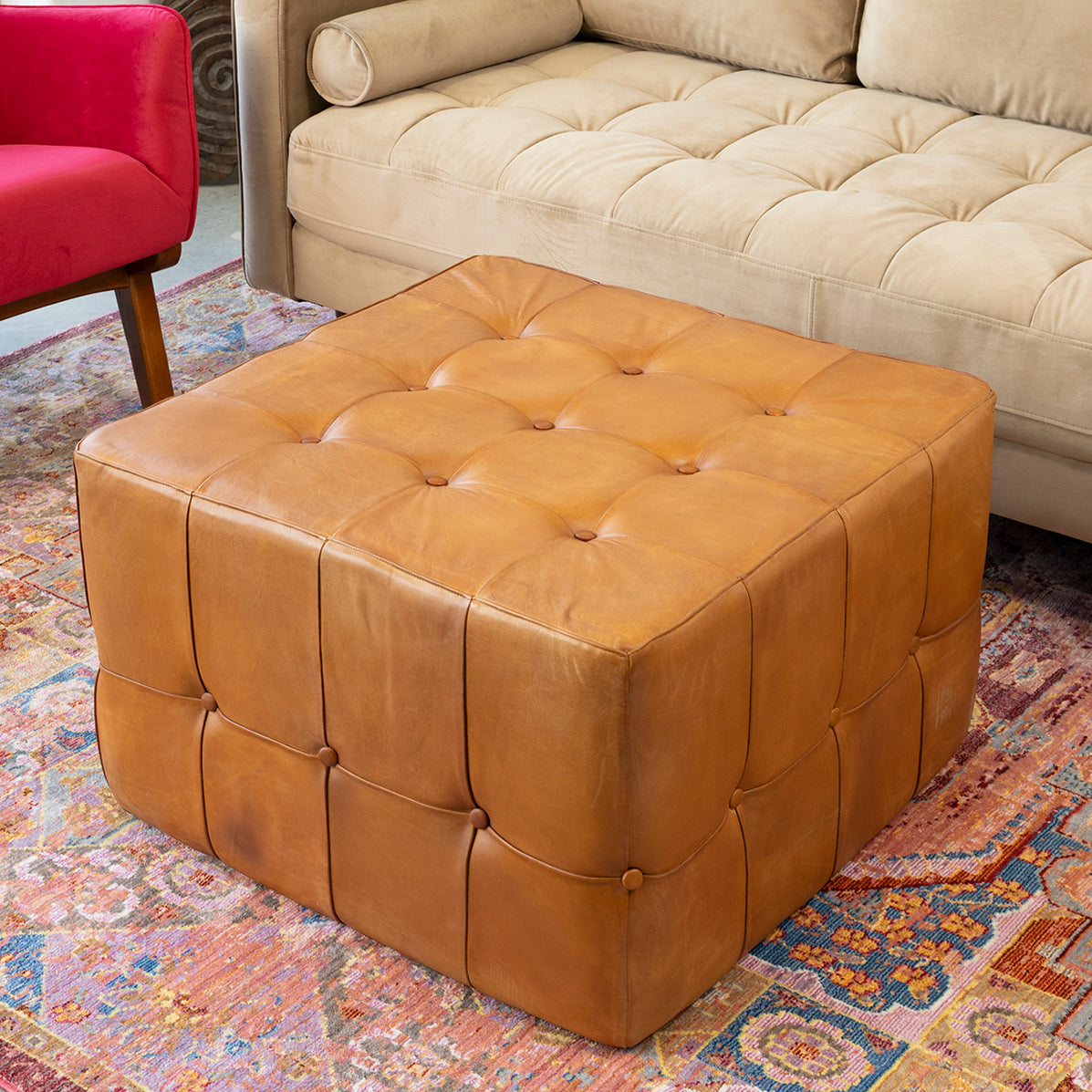 Benjiro Tan Genuine Leather Ottoman