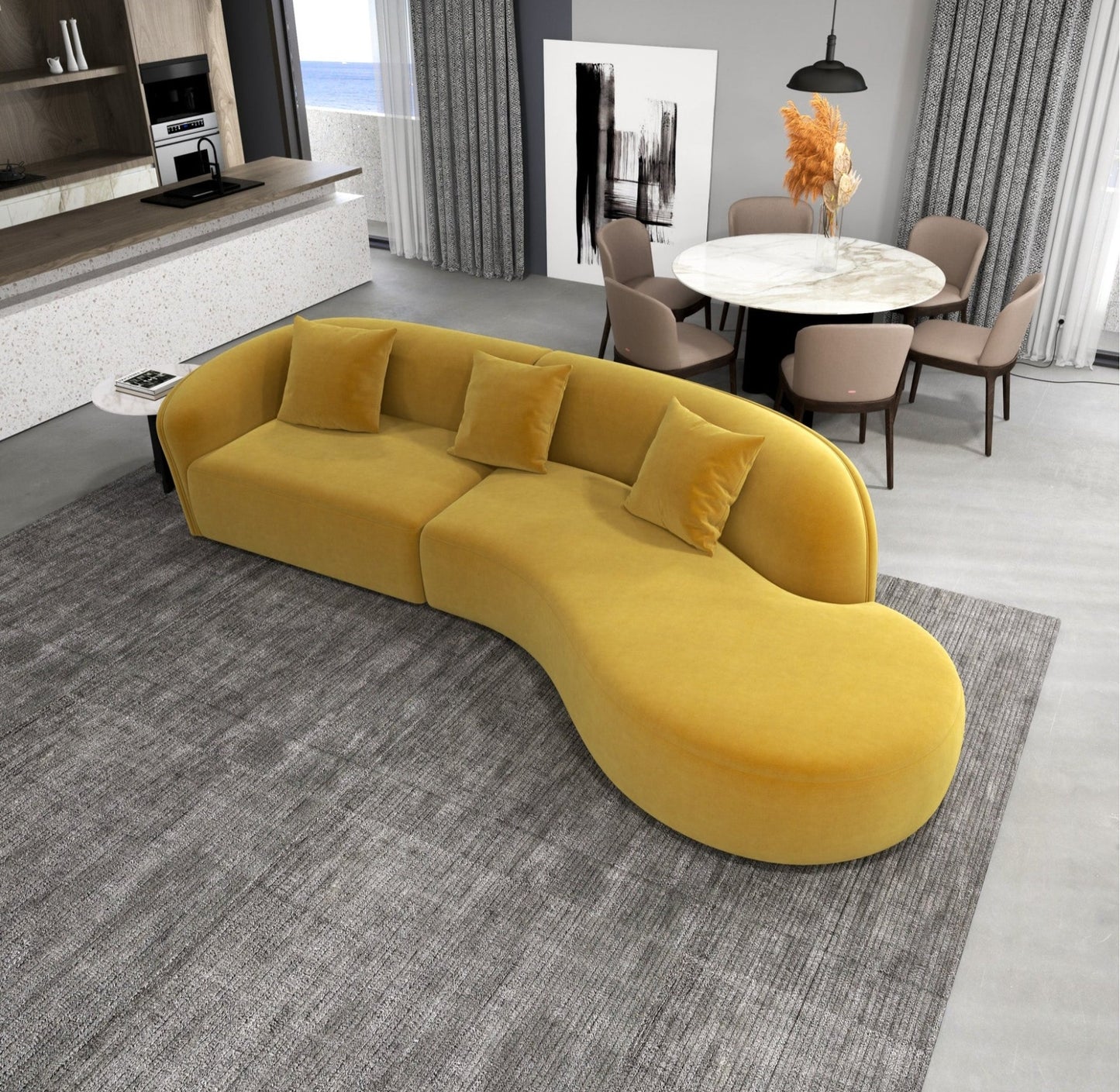 Elijah Yellow Velvet Japandi Style Curvy 126" Sectional