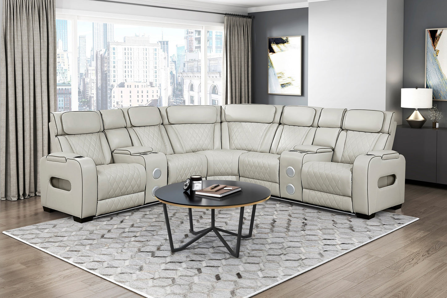 Fairway Taupe 3pc LED/POWER Reclining Sectional with Consoles and Wireless Speakers
