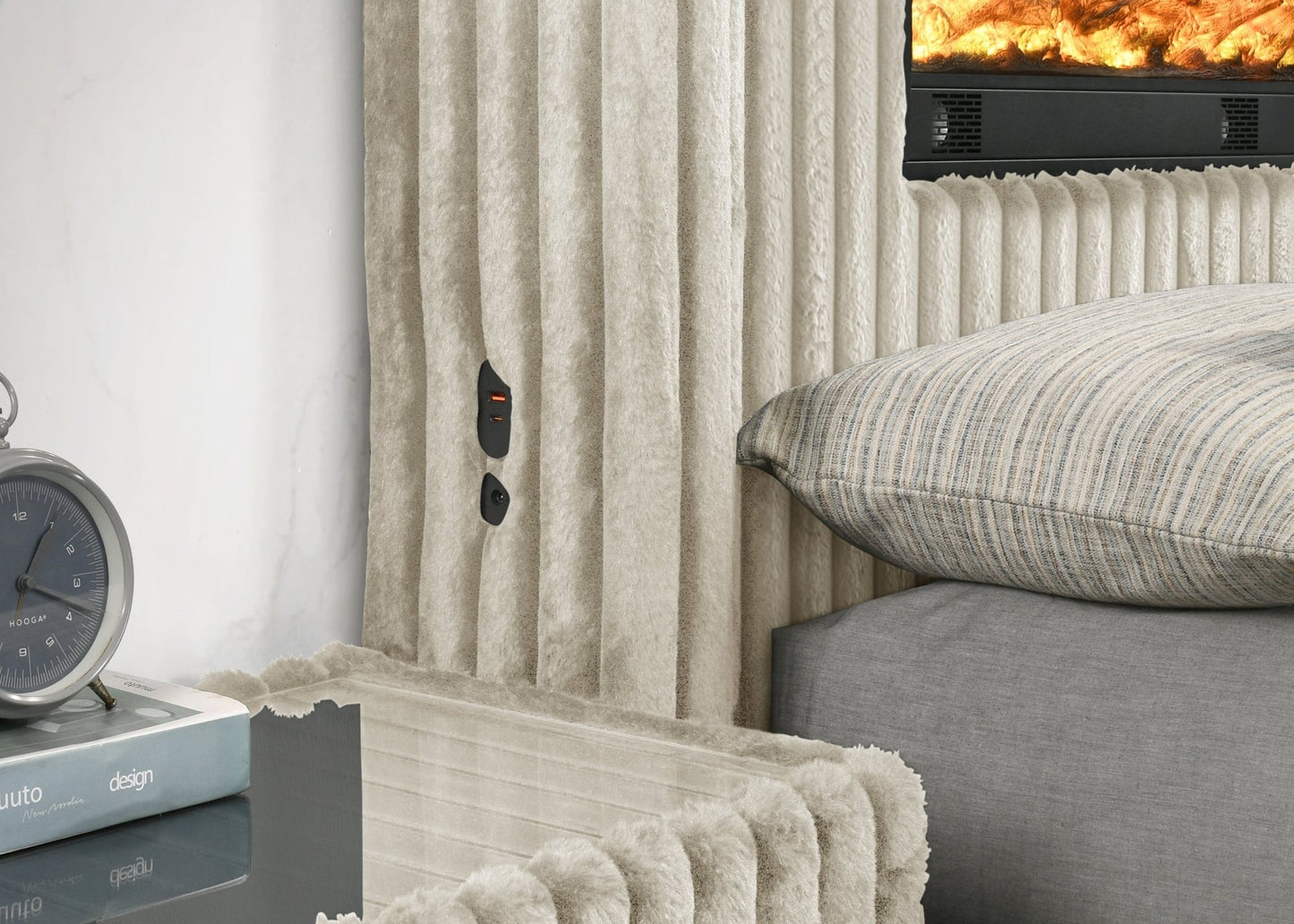 Henley Cream Corduroy FIREPLACE/TV STAND/BLUETOOTH SPEAKERS King Bed B2040