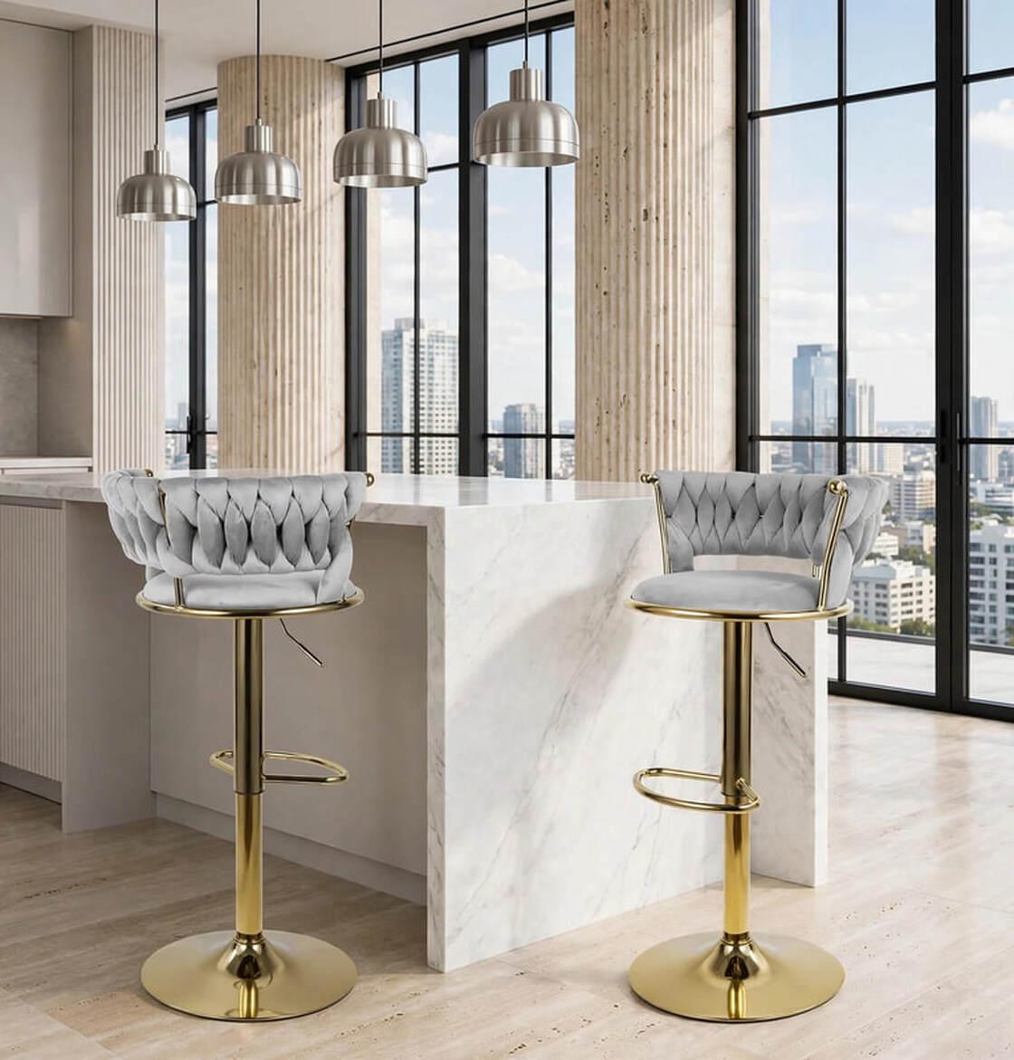 Grey/Gold Velvet Swivel Bar Stool 1139 2 Per Box