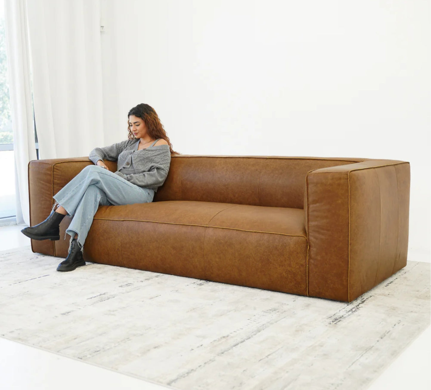 Colton Tan Mid-Century Modern Genuine Leather Sofa