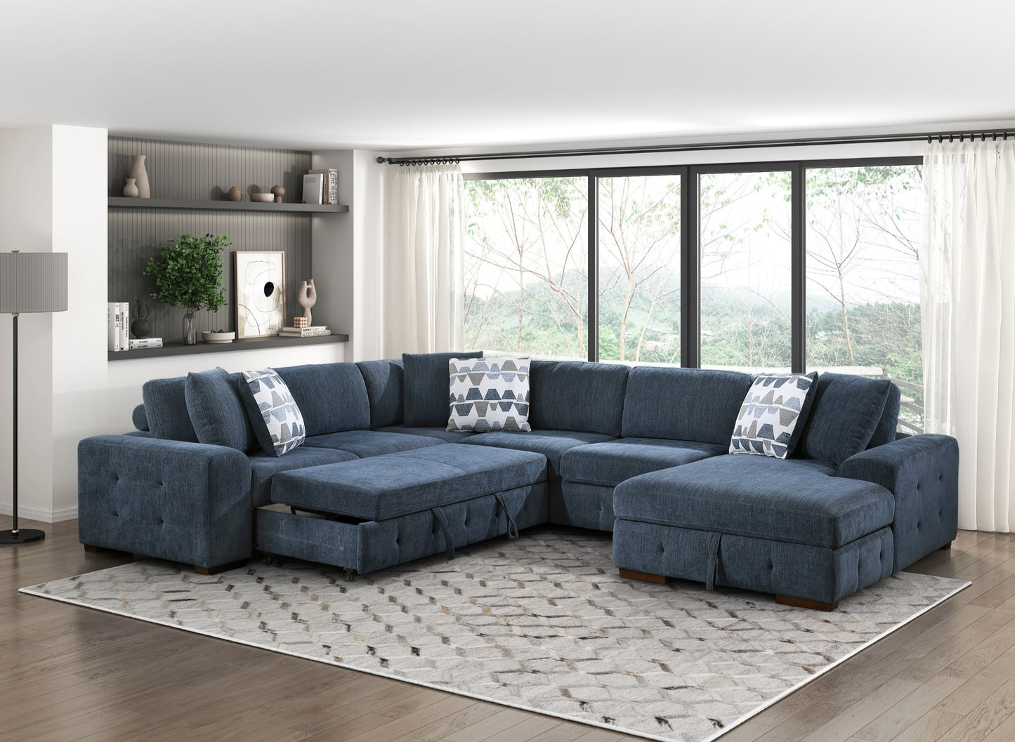 Raife Blue Chenille Fabric Storage RAF Sectional 9624