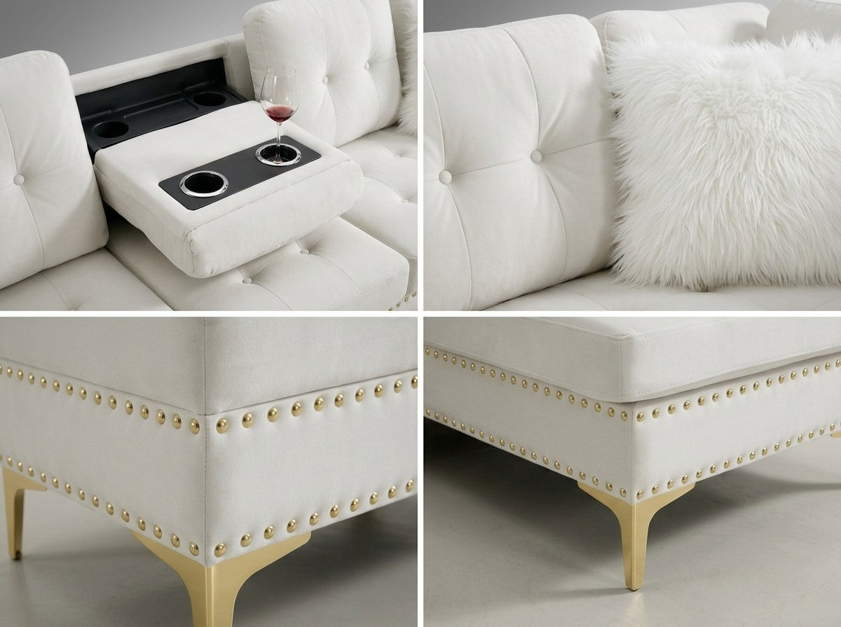 JoyII Beige Velvet Sectional with Ottoman S133