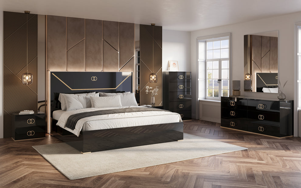 Vogue Black/ Gold LED Panel Bedroom Set