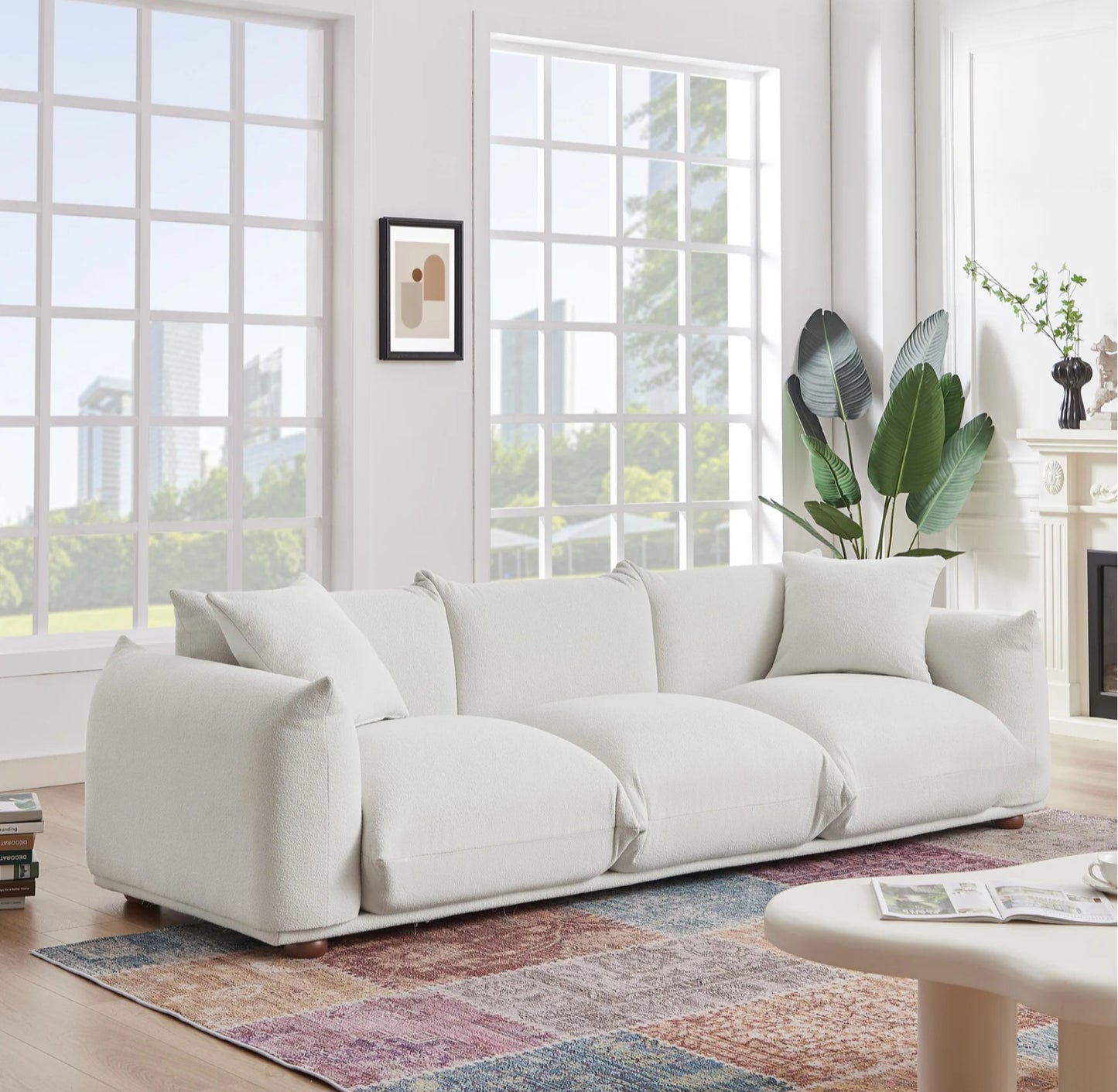 Kely Cream Mid-Century Modern 100'' Boucle Upholstered Sofa