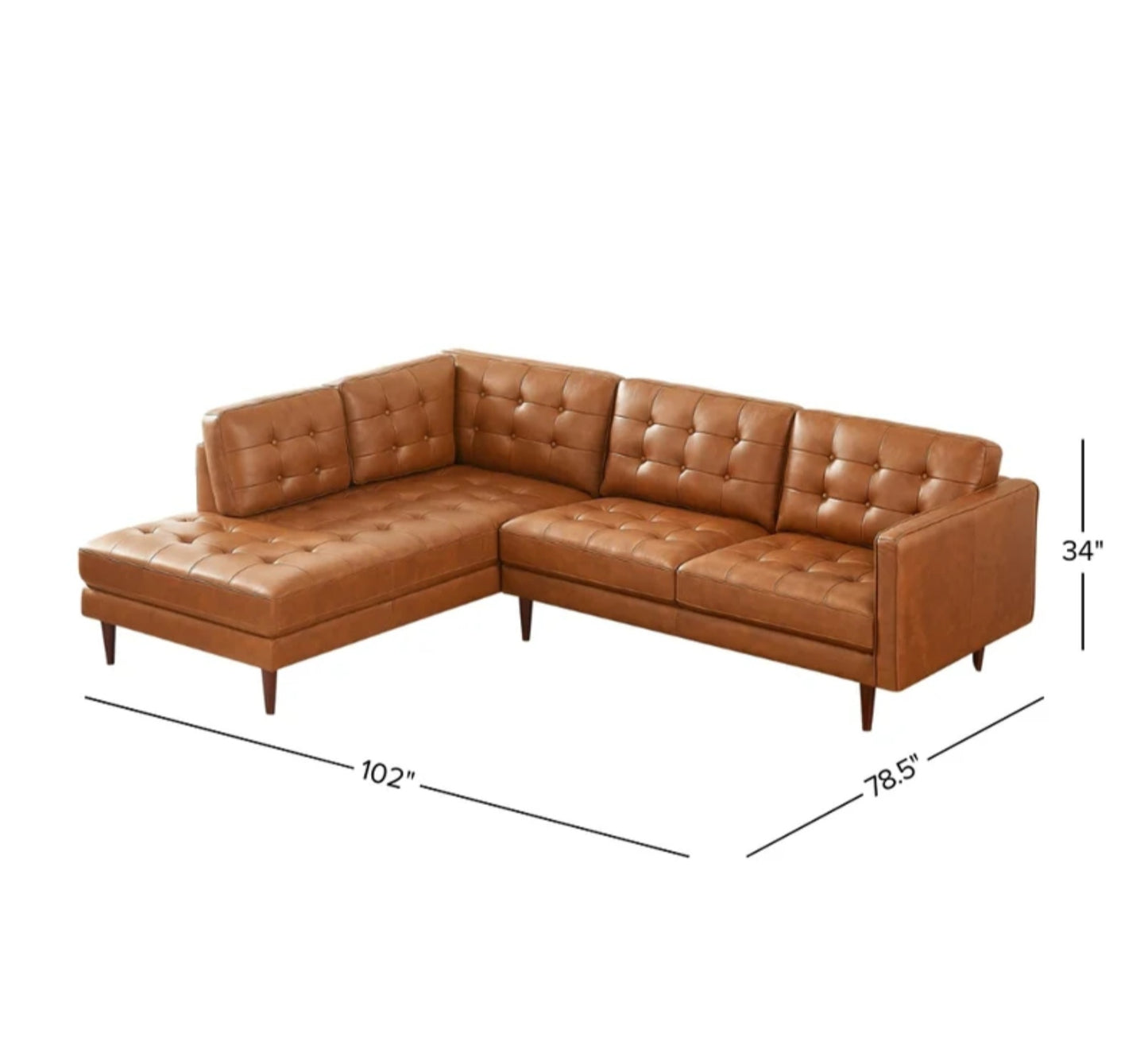 Lucco Cognac Modern L-Shaped Genuine Leather LAF Sectional
