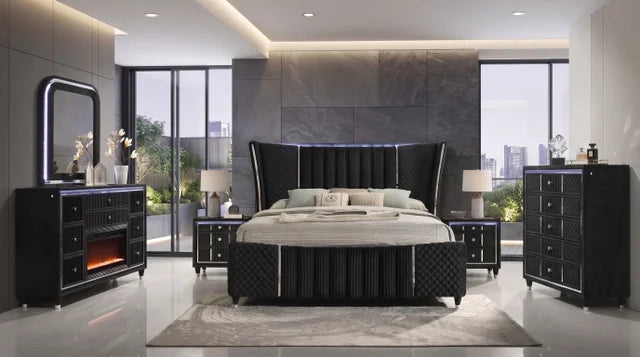 Cleopatra Black FIREPLACE/LED/HEATING Bedroom Set
