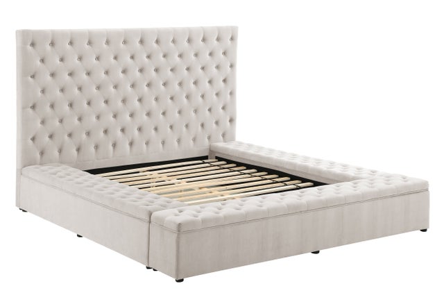Paris Beige Velvet Platform Bed Queen