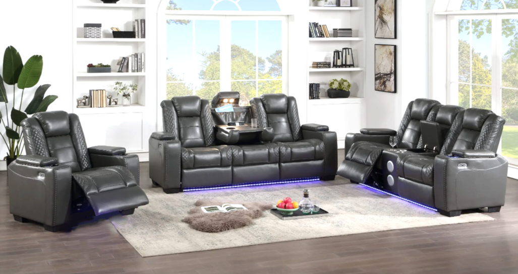 Stefano30 Grey LED/BLUETOOTH SPEAKERS 3pc Reclining Set