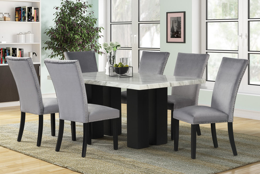 Grey Velvet 7pc Dining Set 1220 (FAUX MARBLE)