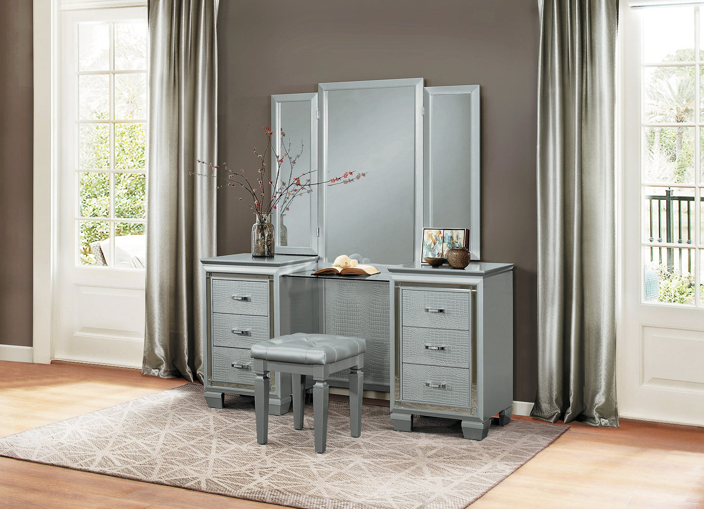 Allura Silver Vanity Set with Stool 1916 - Harwin Furniture