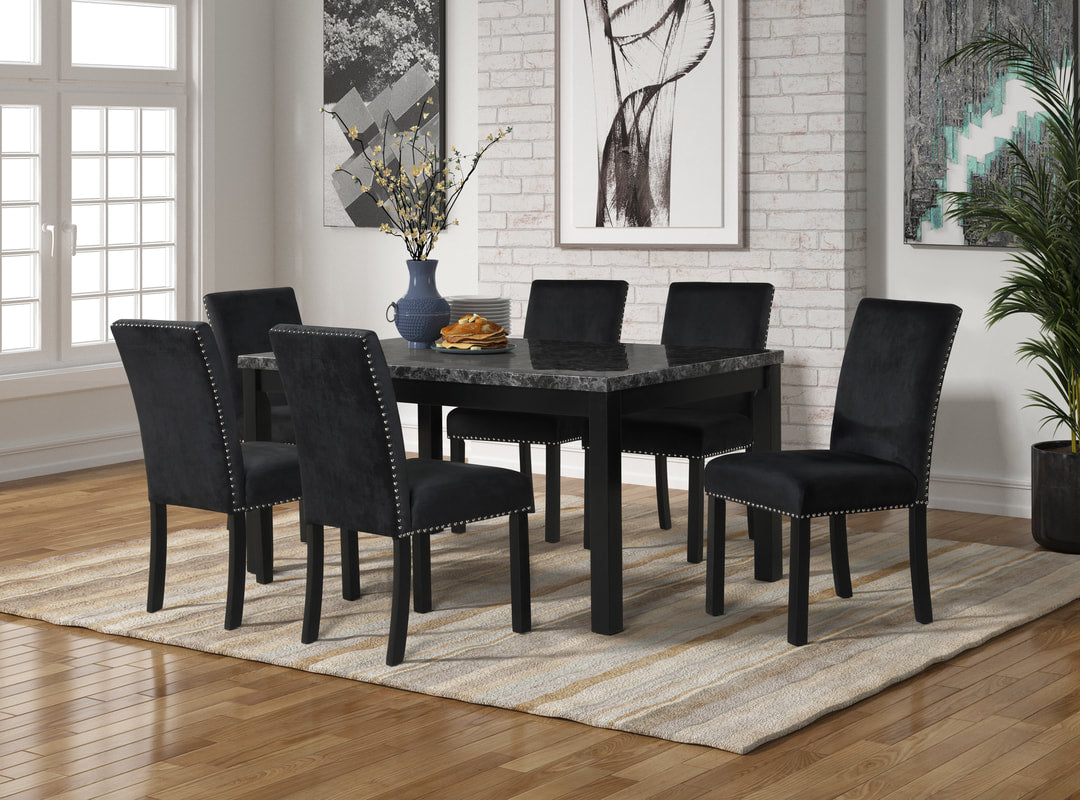 Camila Black Velvet 7pc Dining Room Set (FAUX MARBLE)