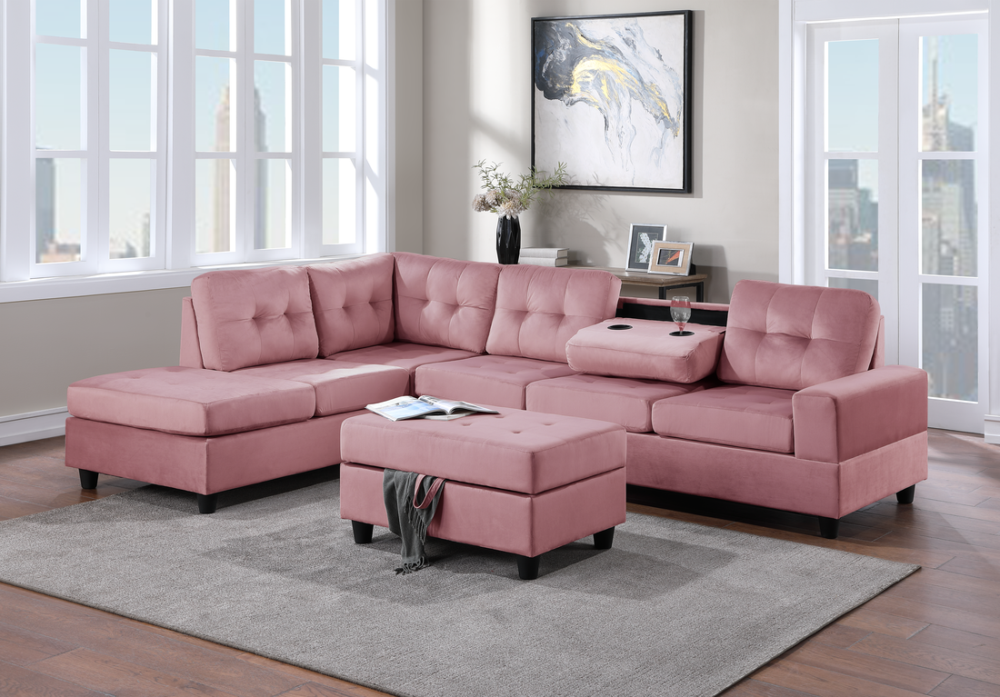 Heights46 Pink Velvet Reversible Sectional with Storage Ottoman