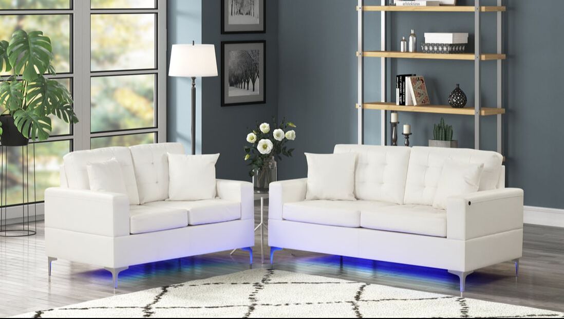 Miami White Sofa & Loveseat (LED LIGHTS) Harwin Furniture