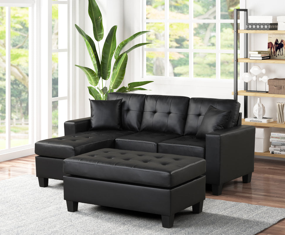 Naomi Reversible Black Leather Sectional with Ottoman
