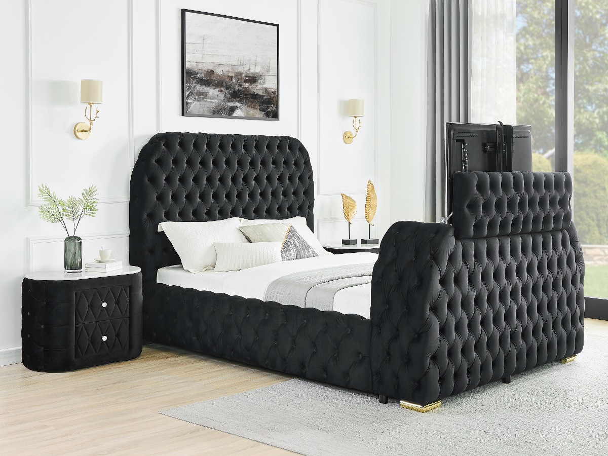 Natalia Black Velvet FIREPLACE/TV STAND Queen Panel Bed 5115