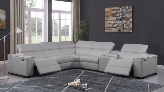 Picasso Light Grey 2-POWER Italian Leather Match 6pc Sectional  MI631
