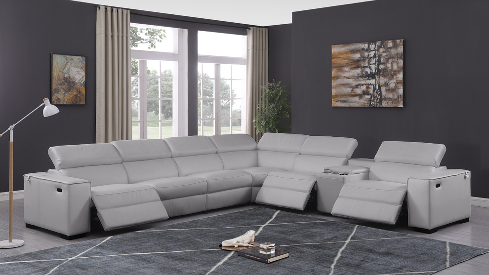 Picasso Light Grey 3-POWER Italian Leather Match 7pc Sectional  MI631