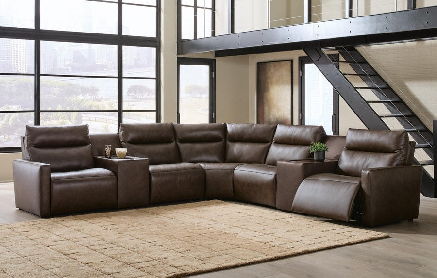 ModZ Chocolate 7pc Top Grain Leather Power Reclining Sectional with Audio Consoles U1400031