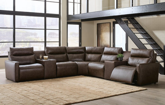 ModZ Chocolate 7pc Top Grain Leather Power Reclining Sectional with Audio Consoles U1400031