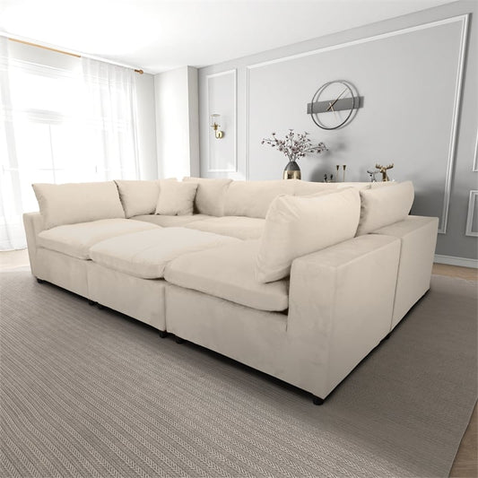 Laven Mid-Century Modern 6pc Ivory Velvet Sectional.