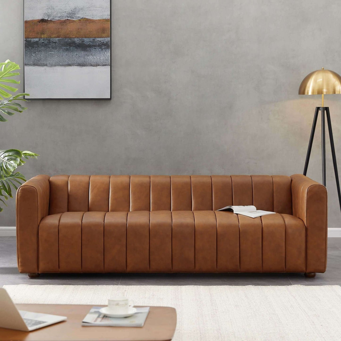 Elrosa Cognac Genuine Leather Channel Tufted Sofa