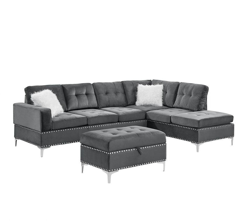 Joy Gray Velvet Reversible Sectional with Ottoman S123