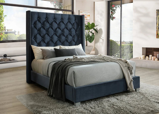 Beverly Black Velvet Queen Panel Bed B9810