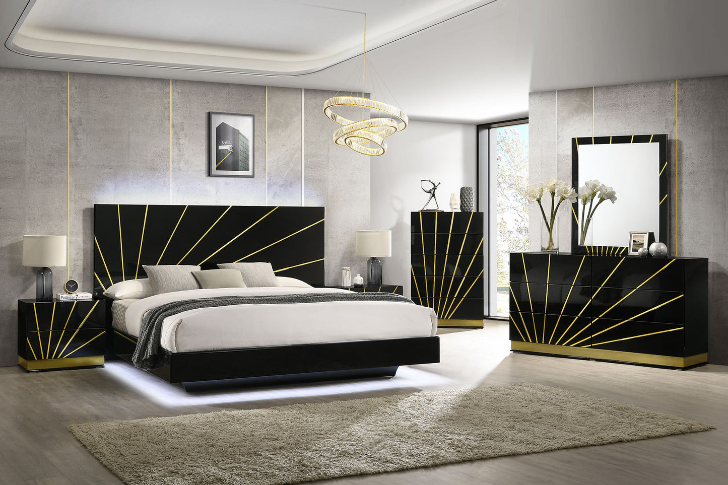 Zenia Black/Gold LED Bedroom Set B58