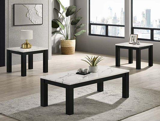 Ivy White/Black Faux Marble 3pc Coffee Table Set