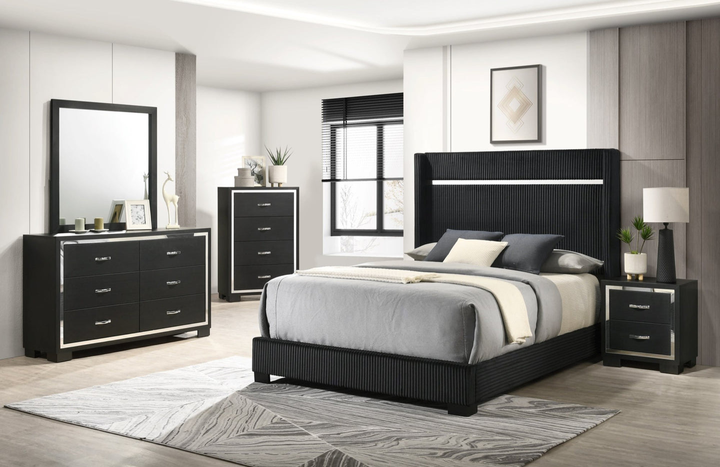 Gennro Black Corduroy Upholstered Panel Bedroom Set B9295