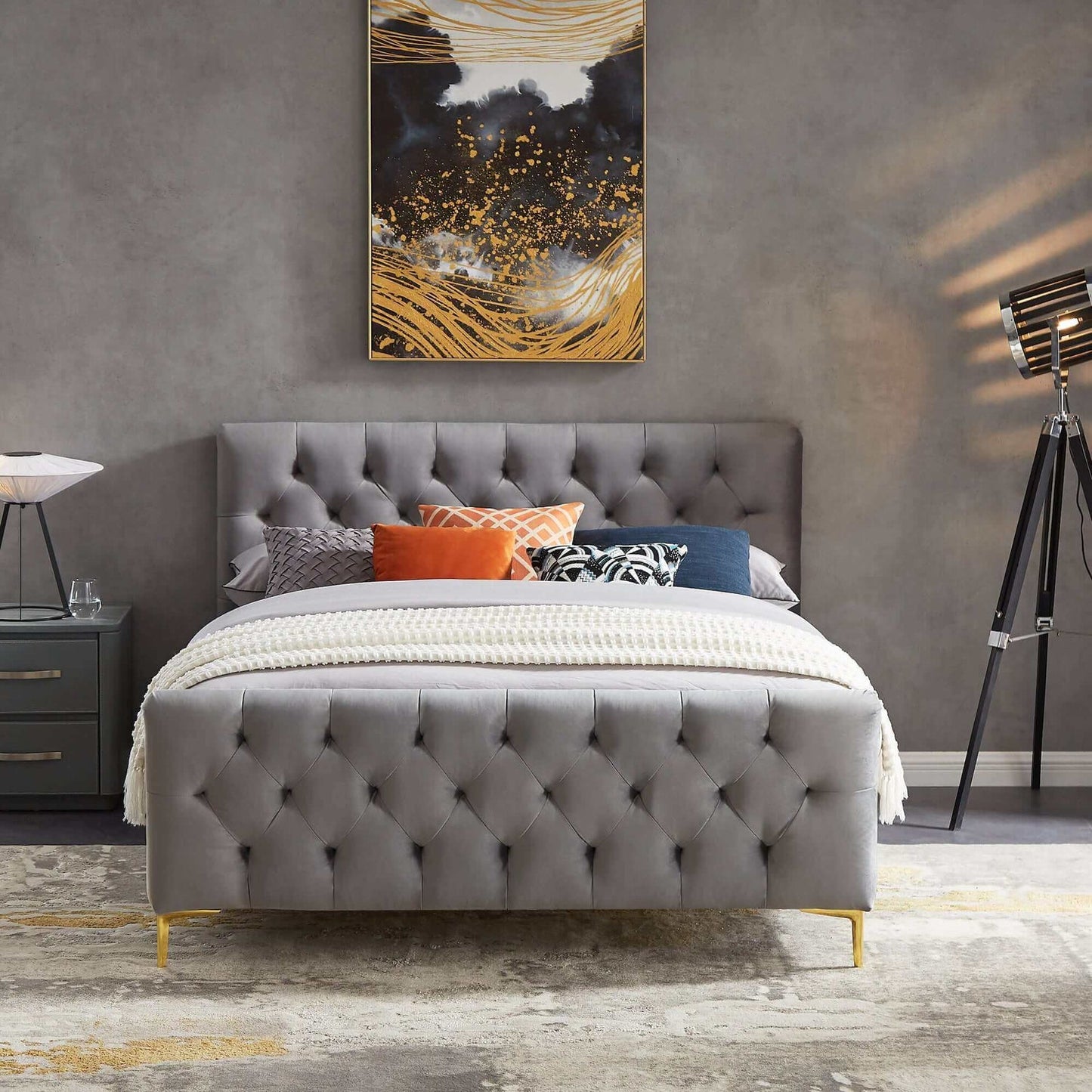 Bailey Grey Velvet Upholstered King Platform Bed