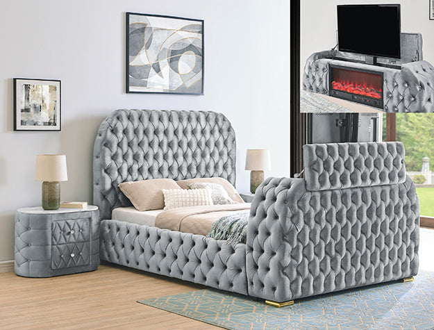 Natalia Grey Velvet FIREPLACE/TV STAND Queen Panel Bed 5115