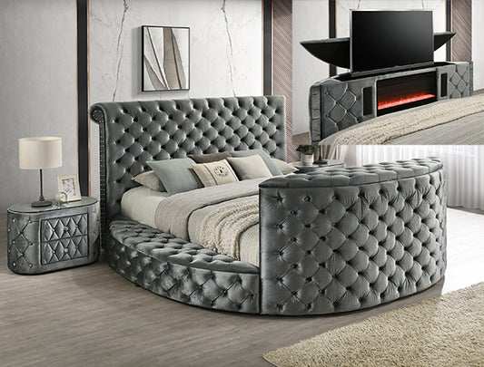 Voltare Grey Velvet FIREPLACE/TV STAND King Platform Bed 5212