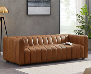 Elrosa Cognac Genuine Leather Channel Tufted Sofa