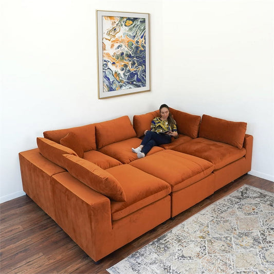 Laven Mid-Century Modern 6pc Burnt Orange Velvet Sectional