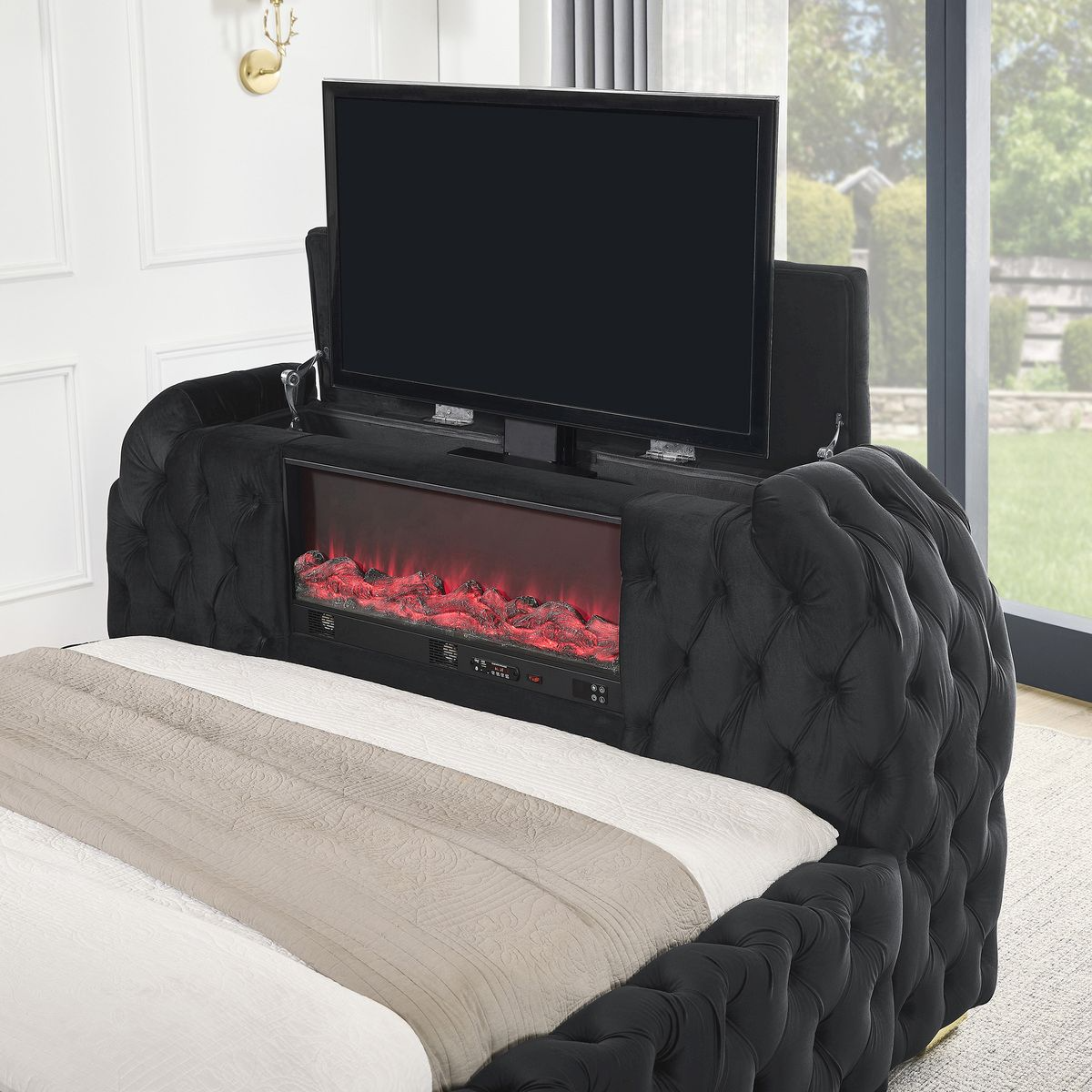 Natalia Black Velvet FIREPLACE/TV STAND Queen Panel Bed 5115